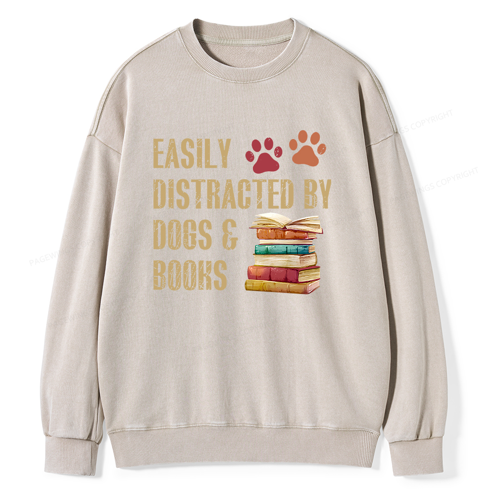 Pagewing Easily Distracted By Dogs And Books Unisex Washed Sweatshirt