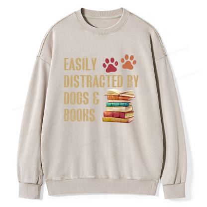 Pagewing Easily Distracted By Dogs And Books Unisex Washed Sweatshirt