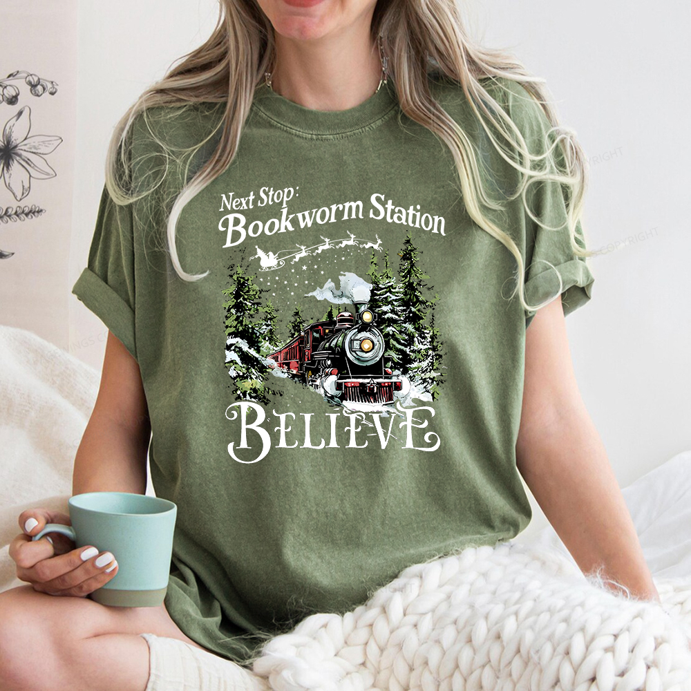 Pagewings Next Stop Bookworm Station Believe Unisex Washed T-shirt