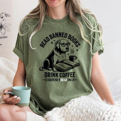 Pagewings Read Books Drink Coffee Defend Freadom Unisex Washed T-shirt