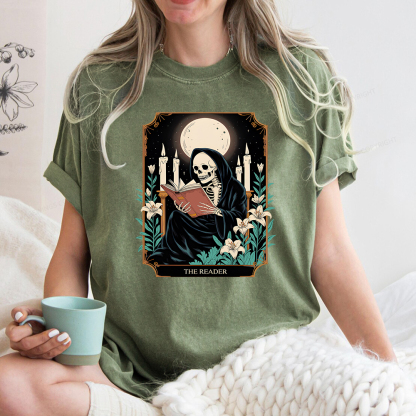 Pagewings The Reader Skeleton Tarot Card Unisex Washed T-shirt