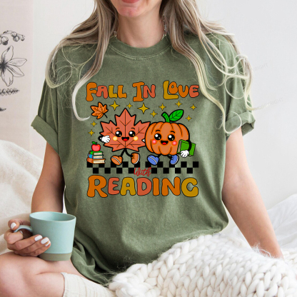 Pagewings Thanksgiving Fall In Love With Reading Unisex Washed T-shirt