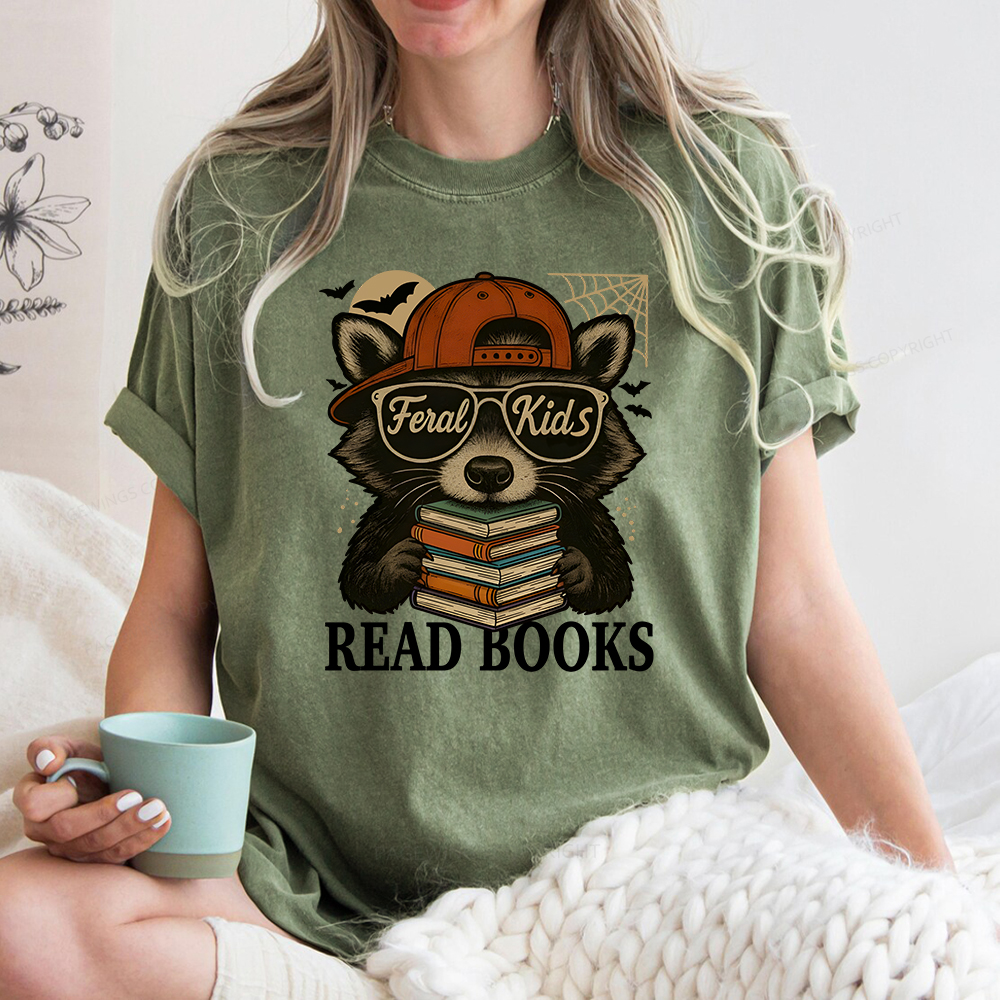 Pagewings Feral Kid Read Books Unisex Washed T-shirt
