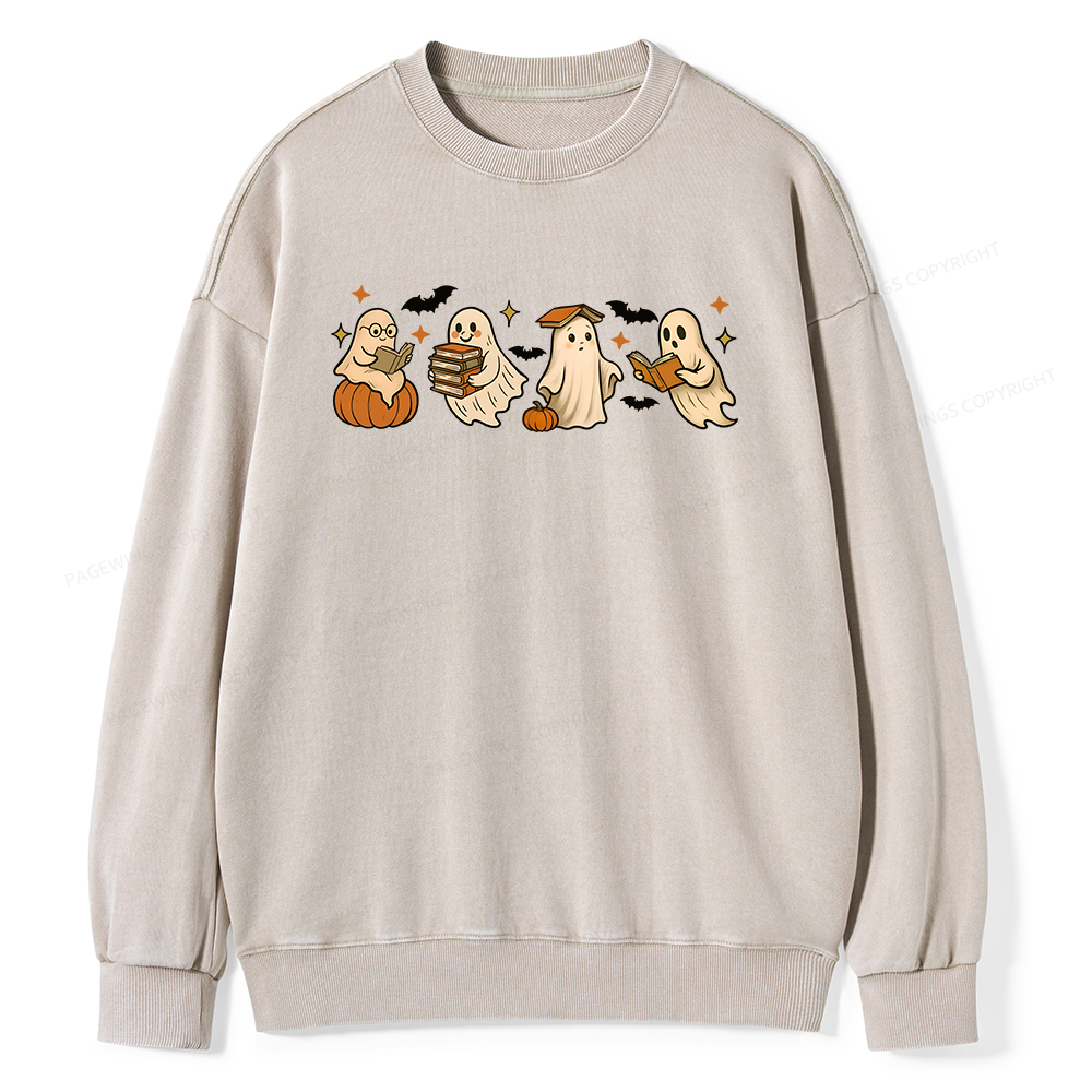 Pagewings Cute Ghost Reading Book Halloween Unisex Washed Sweatshirt