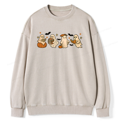 Pagewings Cute Ghost Reading Book Halloween Unisex Washed Sweatshirt