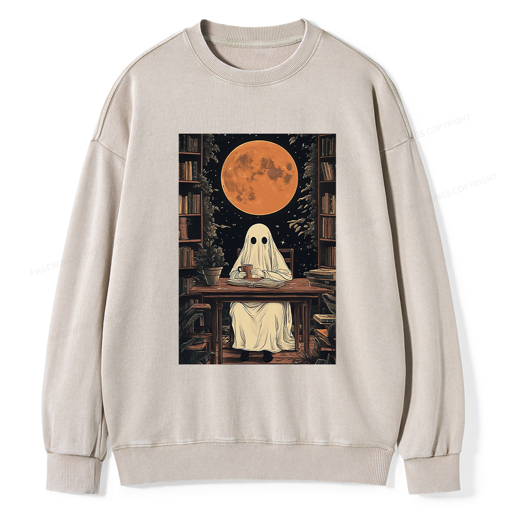 Pagewings Halloween Ghost Books Coffee Unisex Washed Sweatshirt