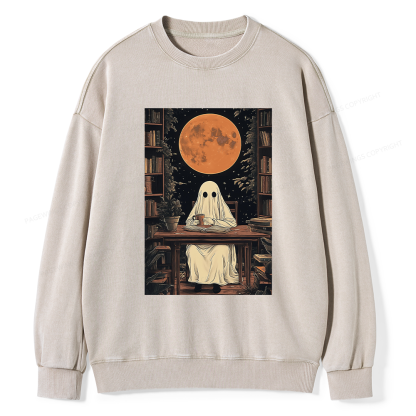Pagewings Halloween Ghost Books Coffee Unisex Washed Sweatshirt