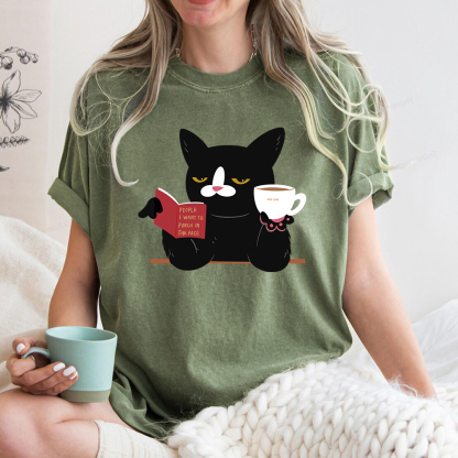 Pagewings A Cat Reading A Book While Drinking Coffee Unisex Washed T-shirt