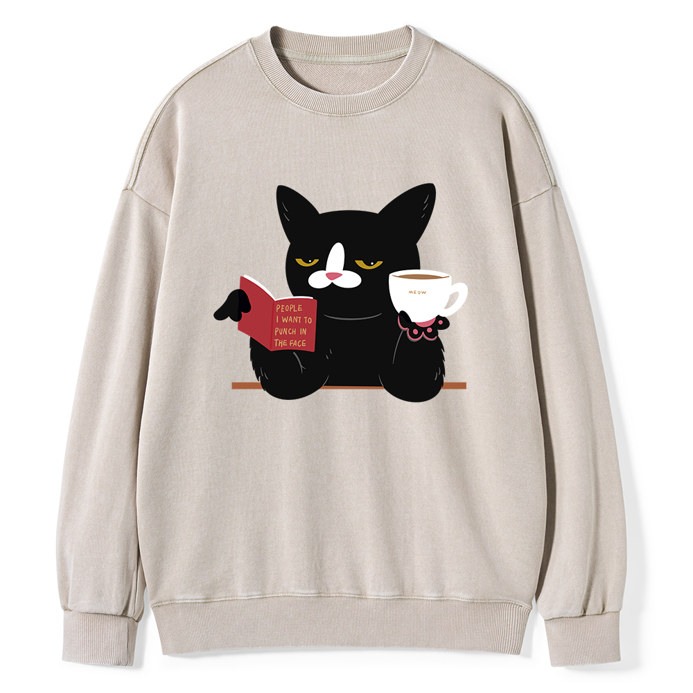 Pagewings A Cat Reading A Book While Drinking Coffee  Unisex Washed Sweatshirt