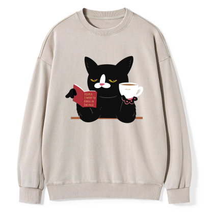 Pagewings A Cat Reading A Book While Drinking Coffee  Unisex Washed Sweatshirt