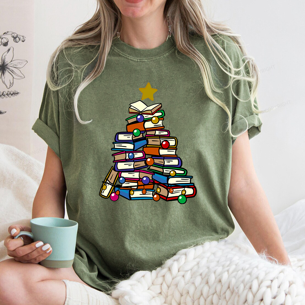 Pagewings Christmas Tree Bookworm Unisex Washed T-shirt