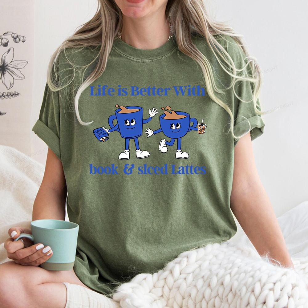 Pagewings Life is Better With Books And Iced Lattes Unisex Washed T-shirt