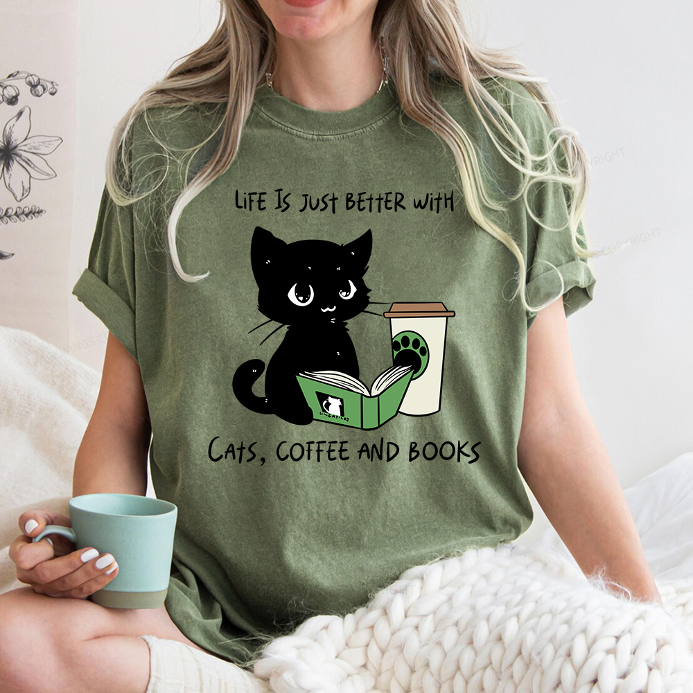 Pagewings Life Is Just Better With Cats Coffee And Books Unisex Washed T-shirt