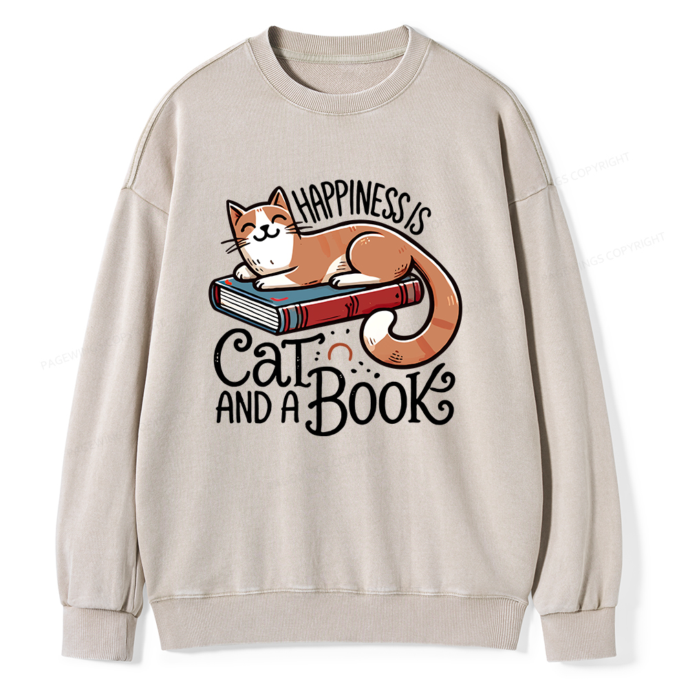 Pagewings Happiness Is A Cat And A Book Unisex Washed Sweatshirt