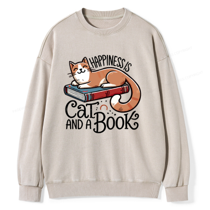 Pagewings Happiness Is A Cat And A Book Unisex Washed Sweatshirt