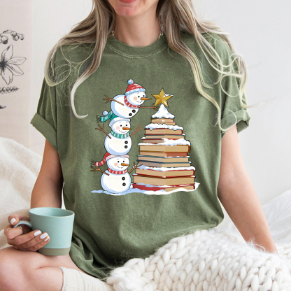 Pagewings Christmas Snowman Books Tree Unisex Washed T-shirt