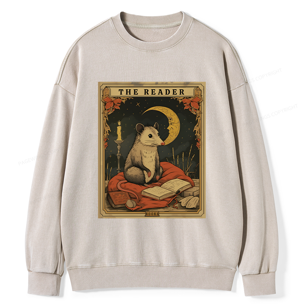 Pagewings The Reader Opossum Tarot Card Unisex Washed Sweatshirt