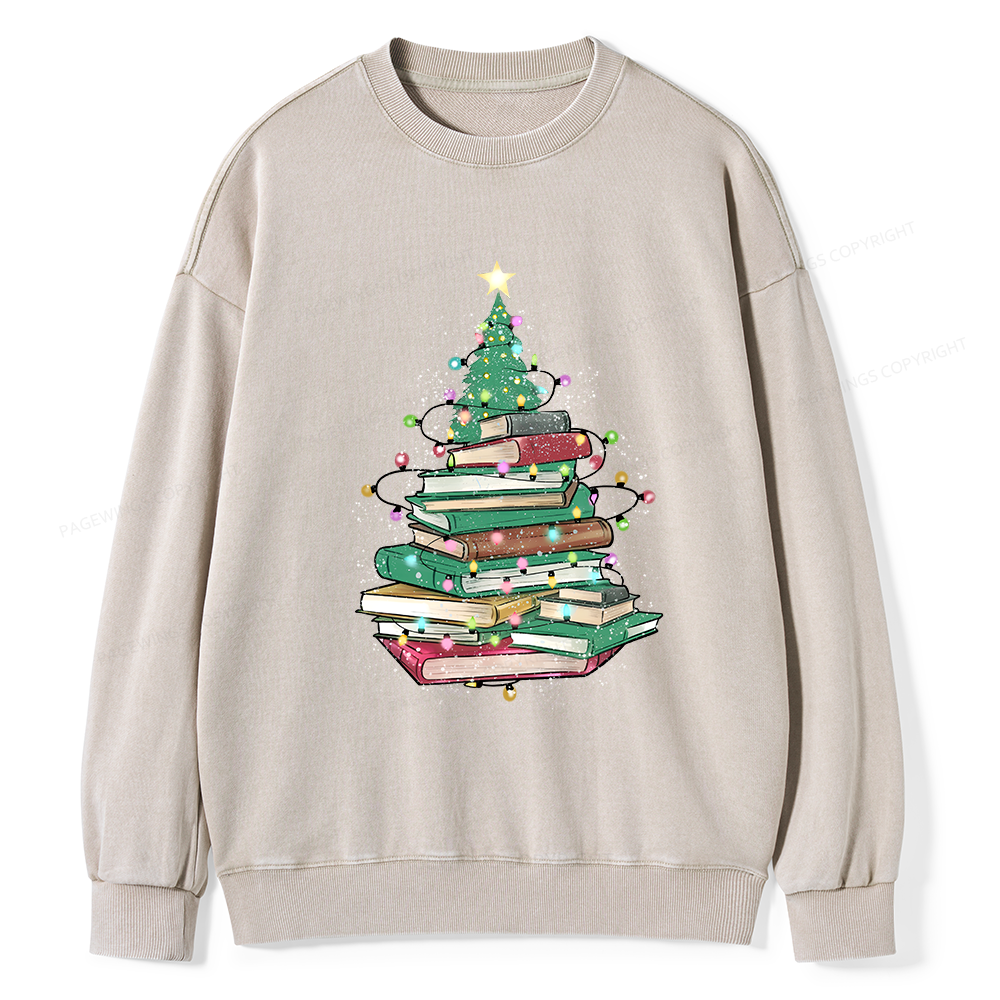Pagewings Christmas Book Tree Unisex Washed Sweatshirt