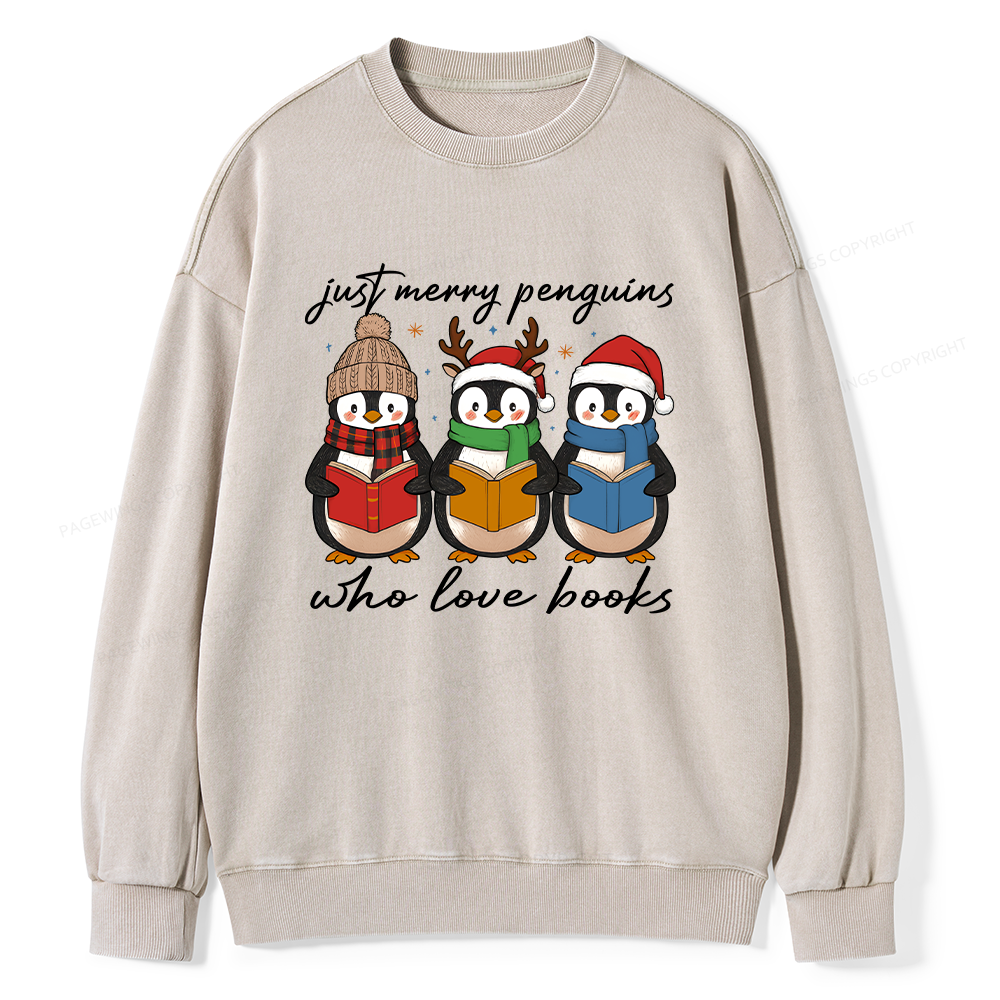 Pagewings Just Merry Penguins Who Love Books Unisex Washed Sweatshirt