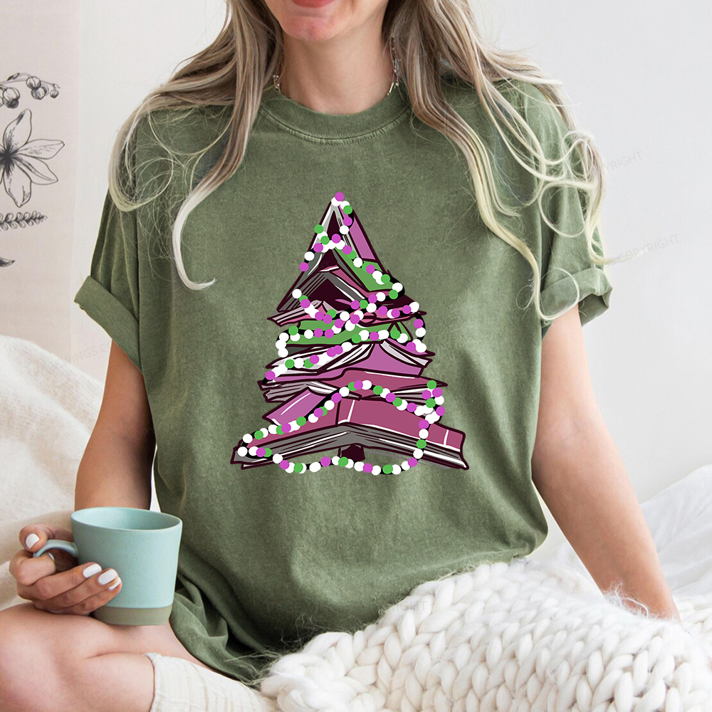 Pagewings Bookish Christmas Tree Unisex Washed T-shirt