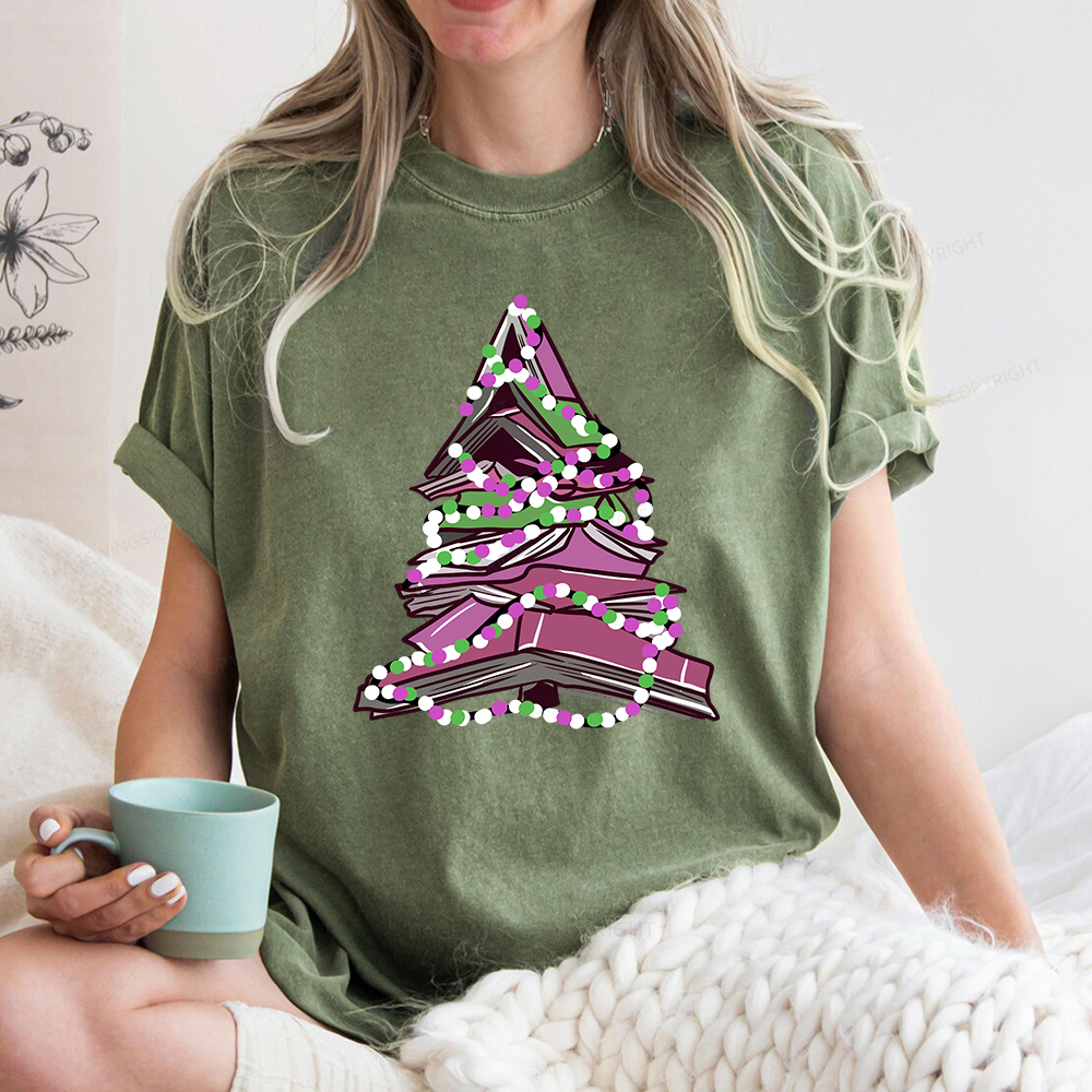Pagewings Bookish Christmas Tree Unisex Washed T-shirt