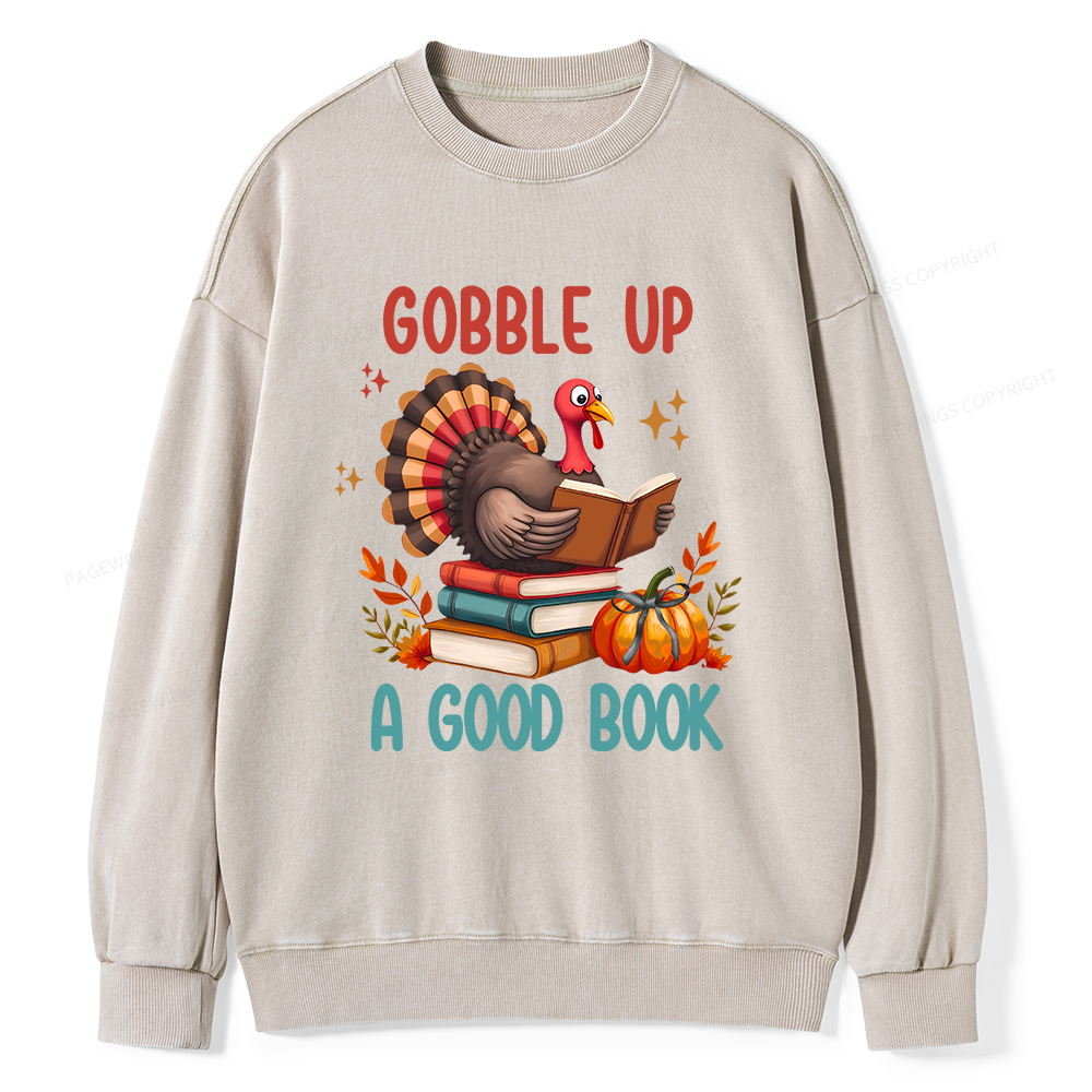 Pagewings Thanksgiving Turkey Reading Unisex Washed Sweatshirt