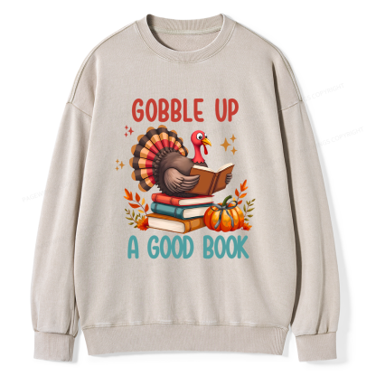 Pagewings Thanksgiving Turkey Reading Unisex Washed Sweatshirt