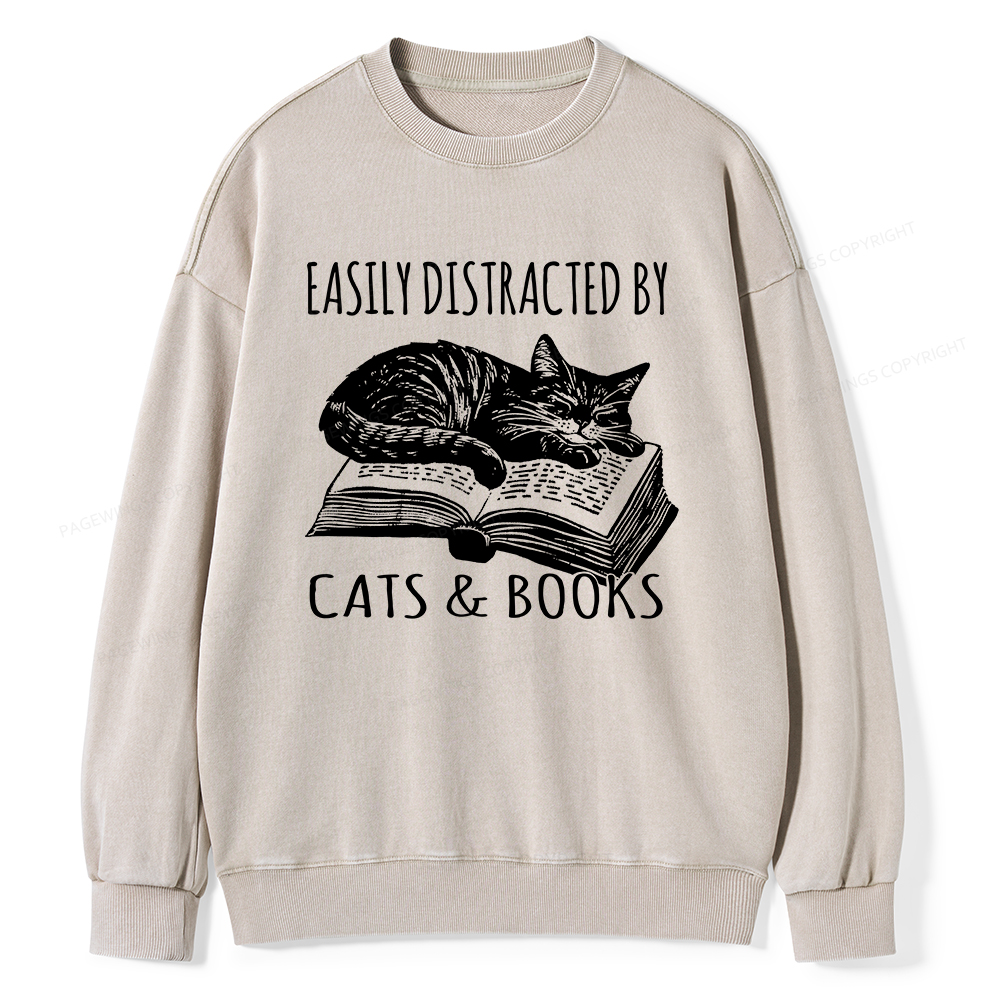 Pagewings Easily Distracted By Cats & Books Unisex Washed Sweatshirt