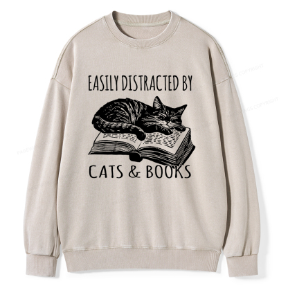 Pagewings Easily Distracted By Cats & Books Unisex Washed Sweatshirt