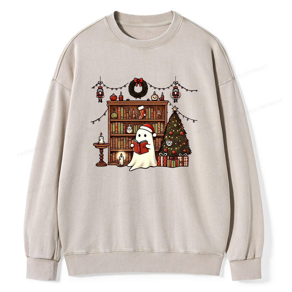 Pagewings Christmas Ghost Book Unisex Washed Sweatshirt