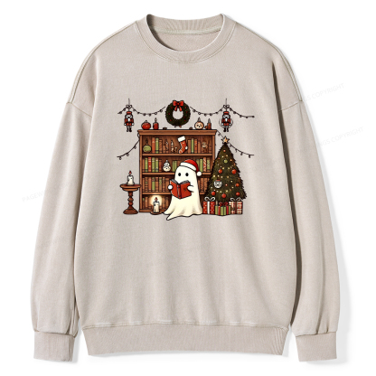 Pagewings Christmas Ghost Book Unisex Washed Sweatshirt