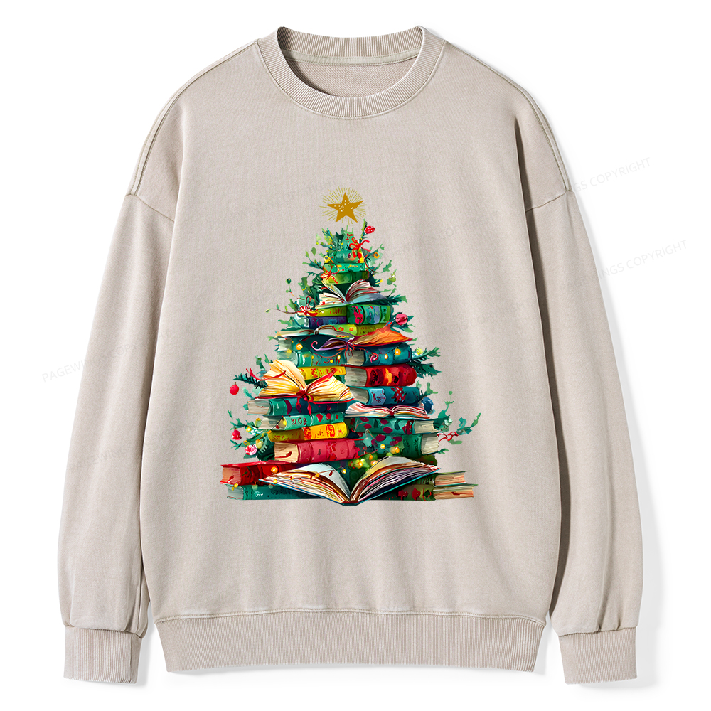 Pagewings Christmas Book Tree Unisex Washed Sweatshirt