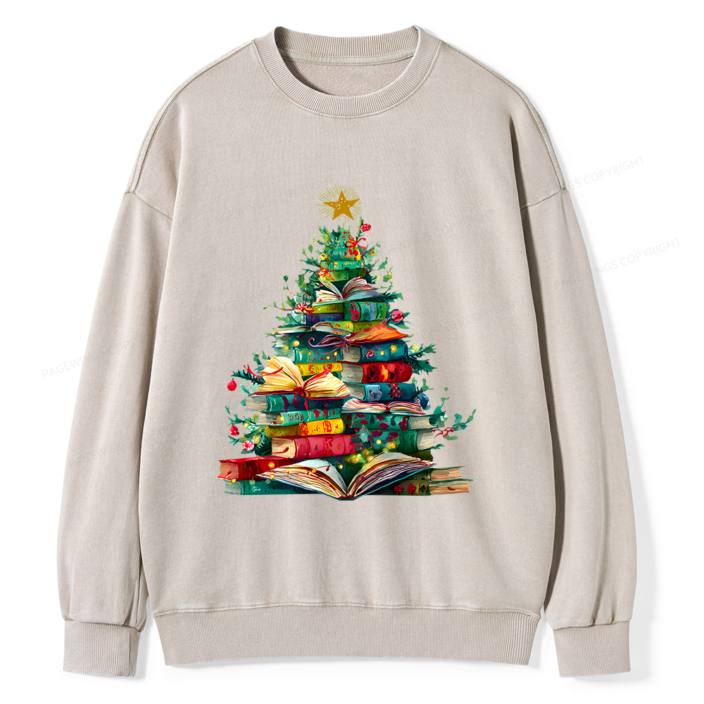 Pagewings Christmas Book Tree Unisex Washed Sweatshirt