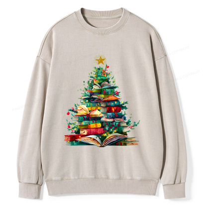 Pagewings Christmas Book Tree Unisex Washed Sweatshirt