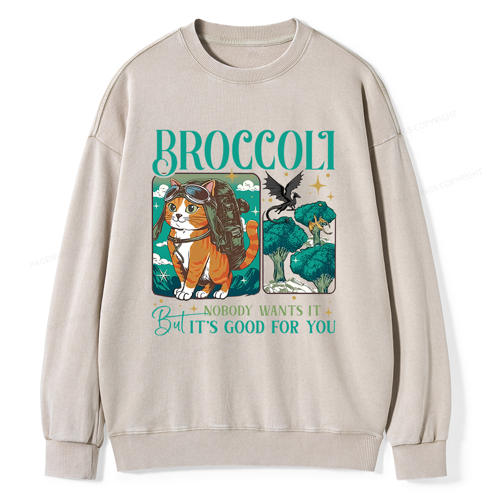 Pagewings Onyx Storm Broccoli Cat Unisex Washed Sweatshirt