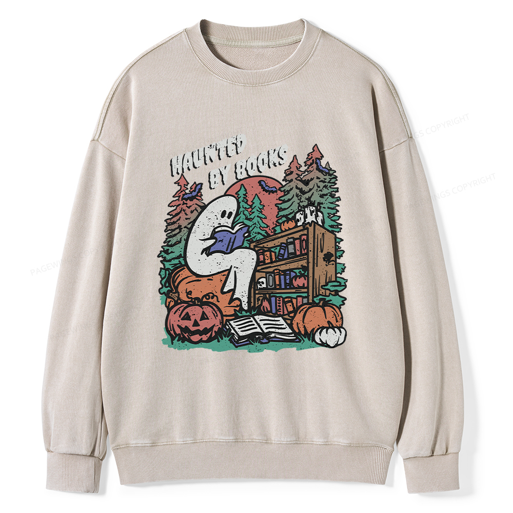 Pagewings Ghost Reading Book Halloween Unisex Washed Sweatshirt