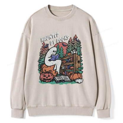 Pagewings Ghost Reading Book Halloween Unisex Washed Sweatshirt