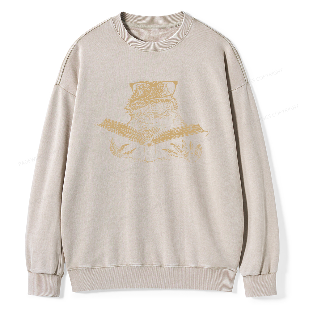 Pagewings Bearded Dragon Reading Unisex Washed Sweatshirt