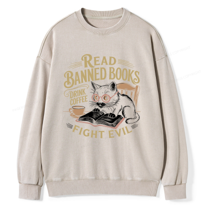 Pagewings Read Books Drink Coffee Fight Evil Unisex Washed Sweatshirt