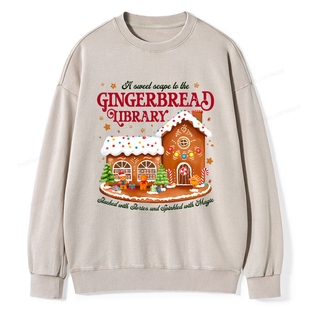 Pagewings Gingerbread Library Christmas Unisex Washed Sweatshirt
