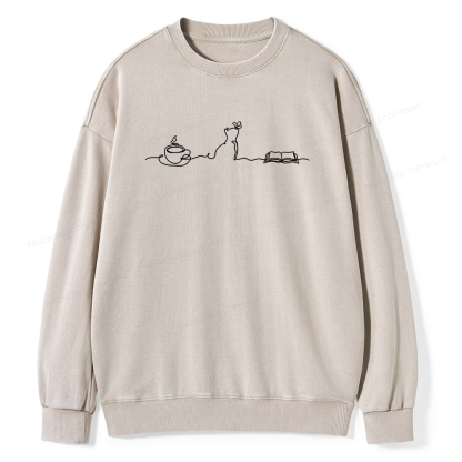 Pagewings Coffee Cats And Books Lover Unisex Washed Sweatshirt