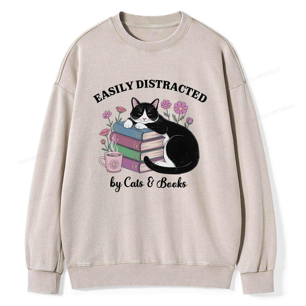 Pagewings Easily Distracted By Cats & Books Unisex Washed Sweatshirt