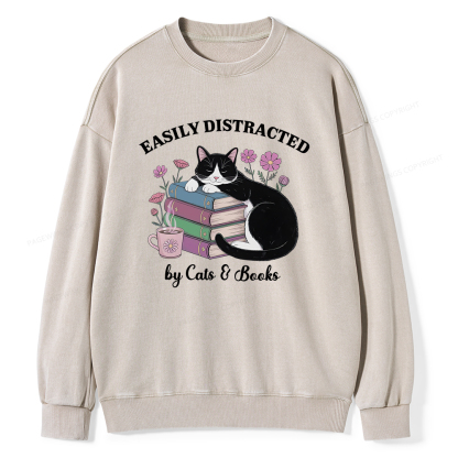 Pagewings Easily Distracted By Cats & Books Unisex Washed Sweatshirt