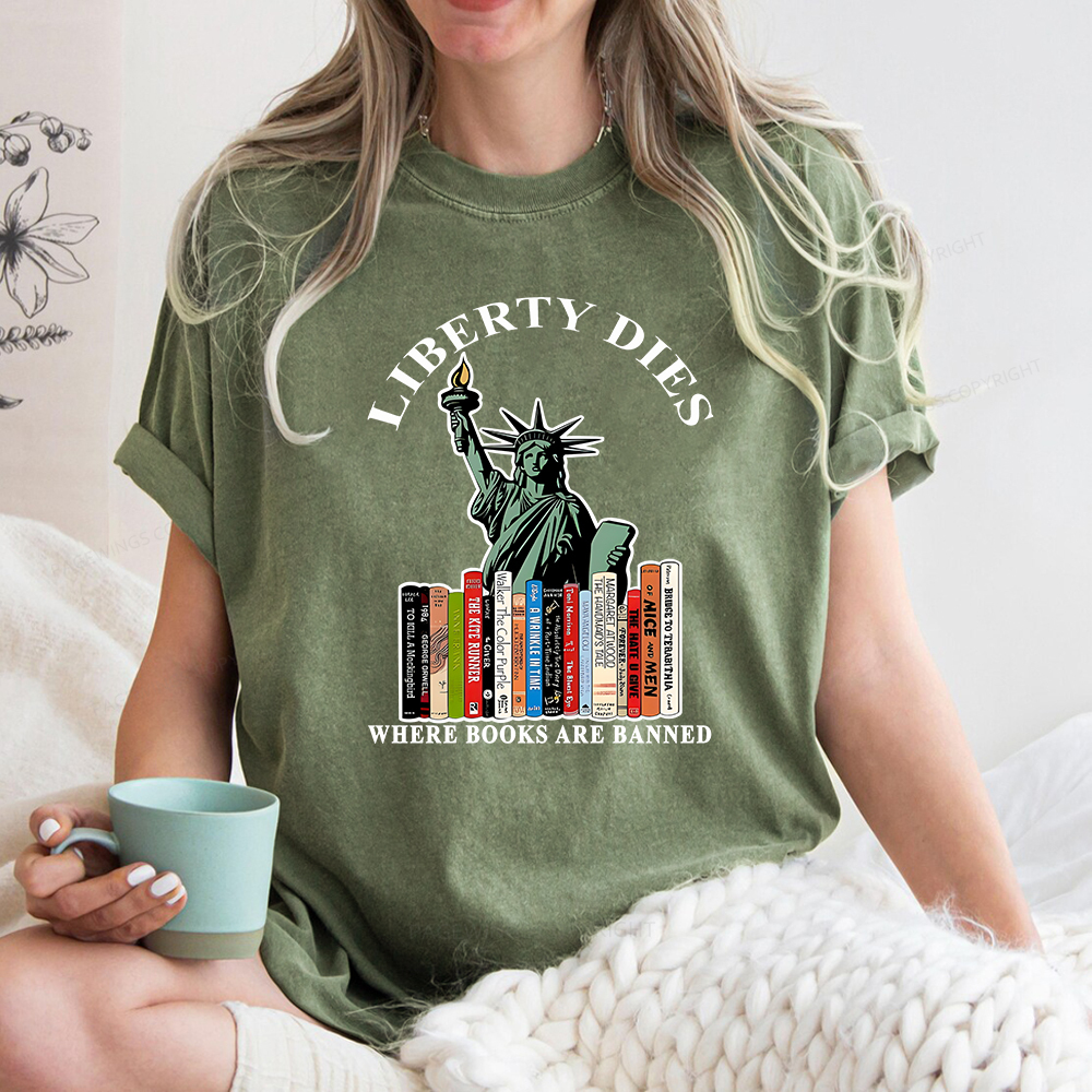 Pagewings Liberty Dies Where Books Are Banned T-Shirt Unisex Washed T-shirt