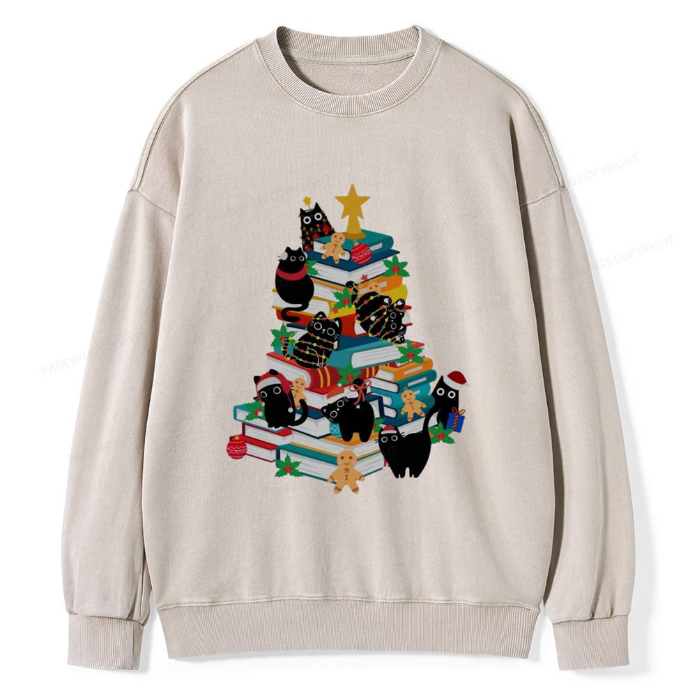 Pagewings Cute Cats Books Christmas Tree Unisex Washed Sweatshirt