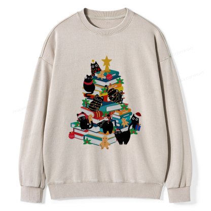 Pagewings Cute Cats Books Christmas Tree Unisex Washed Sweatshirt