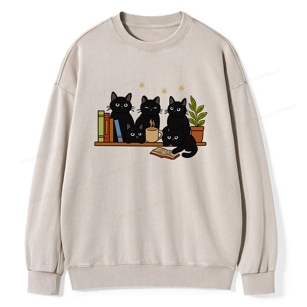 Pagewings Cat On Bookshelf Unisex Washed Sweatshirt