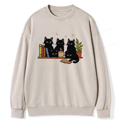 Pagewings Cat On Bookshelf Unisex Washed Sweatshirt