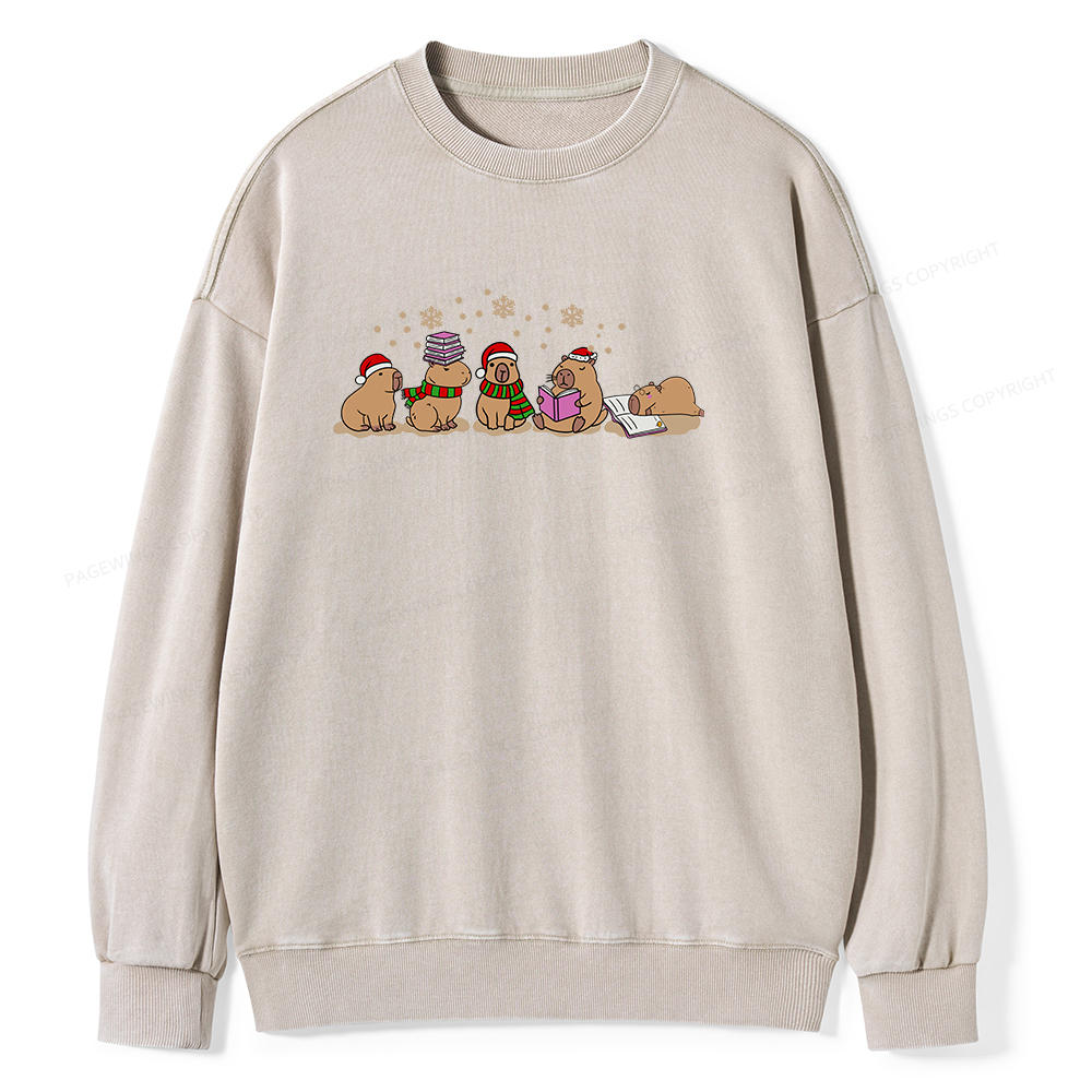 Pagewings Capybara Christmas Reading Unisex Washed Sweatshirt