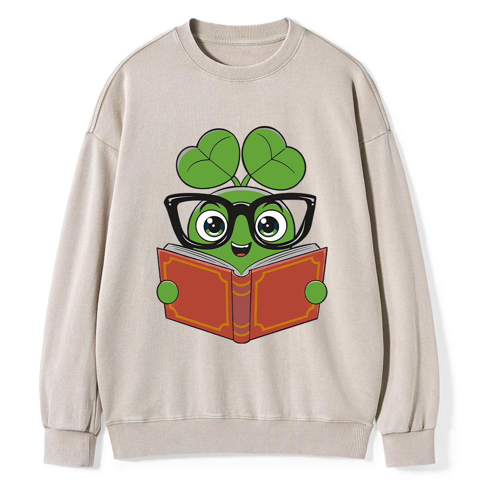  Pagewings Cute Reading Clover Tee Lucky Bookworm T-Shirt Unisex Washed Sweatshirt